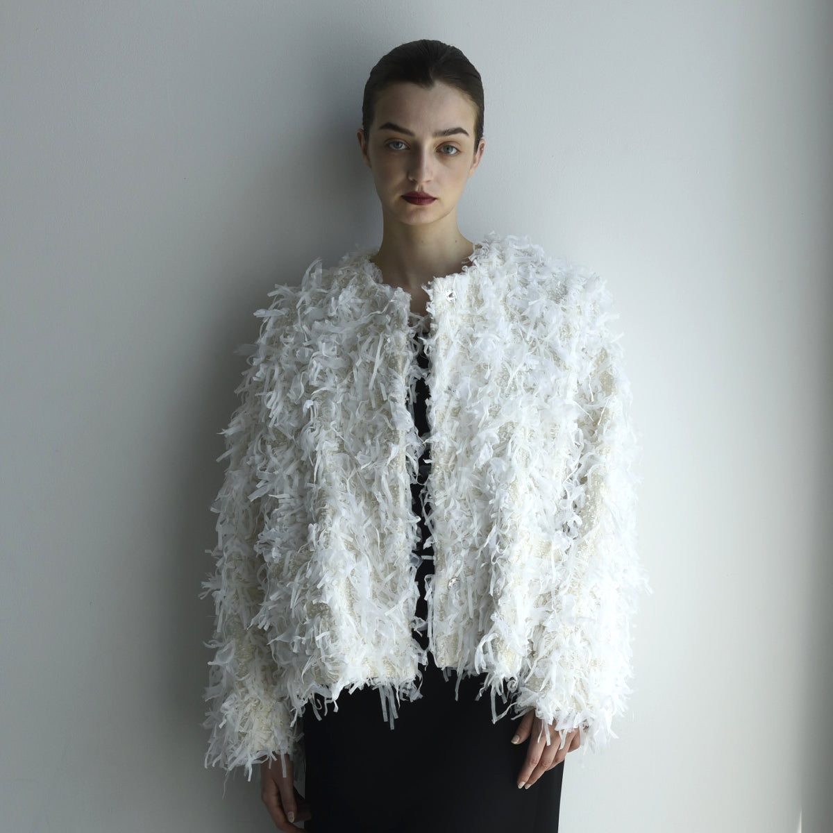 Shaggy Tweed No Collar Jacket_white