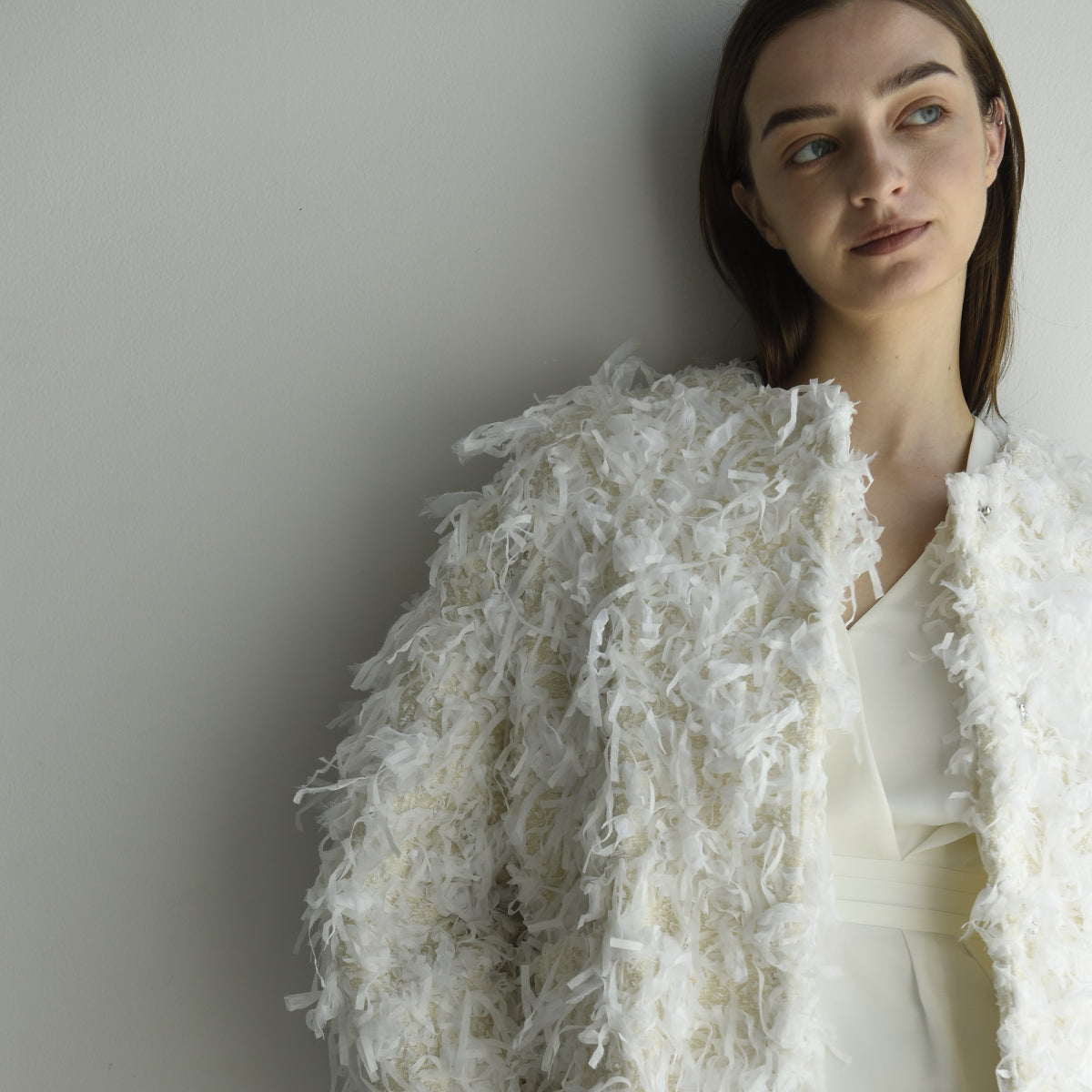 Shaggy Tweed No Collar Jacket_white