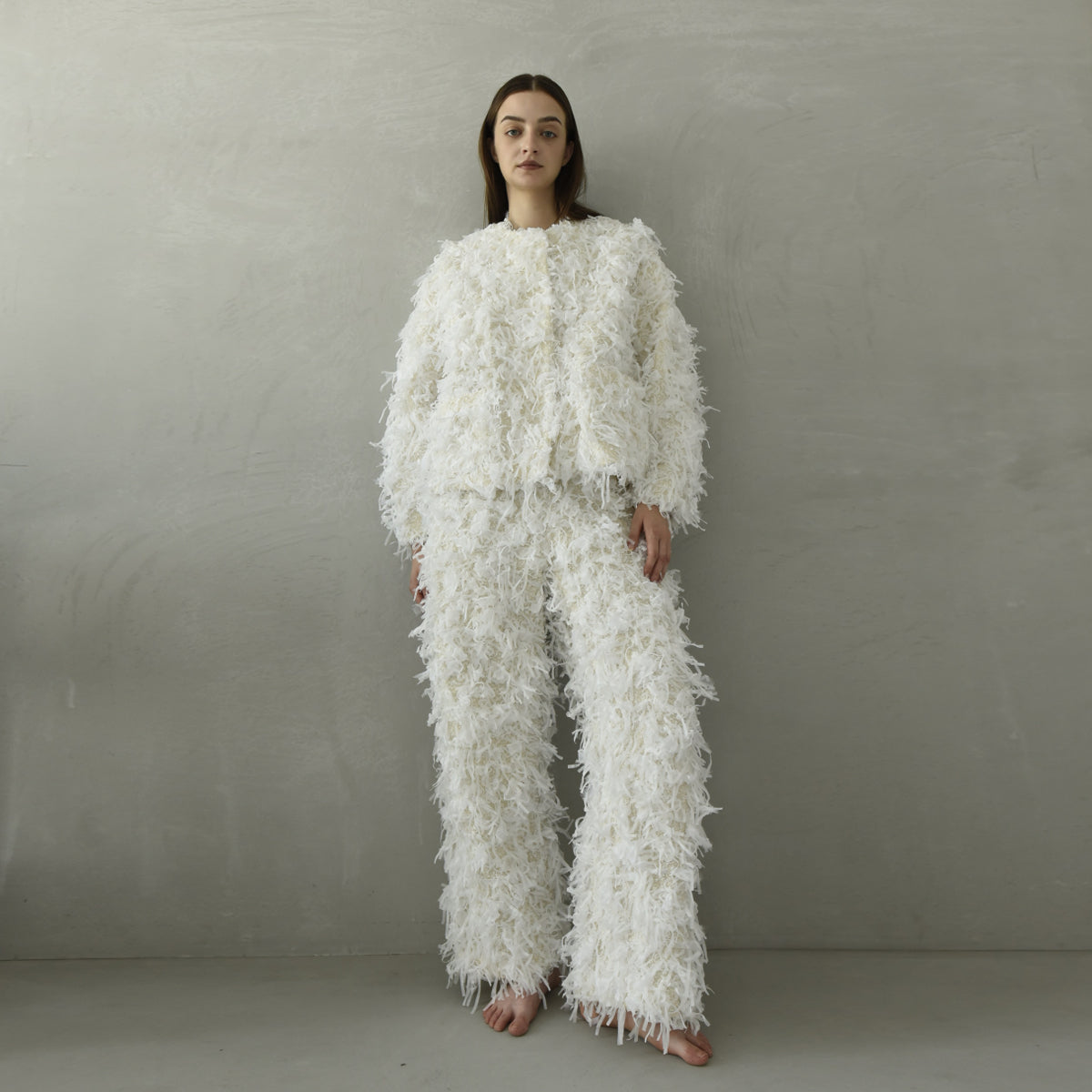 Shaggy Tweed No Collar Jacket_white